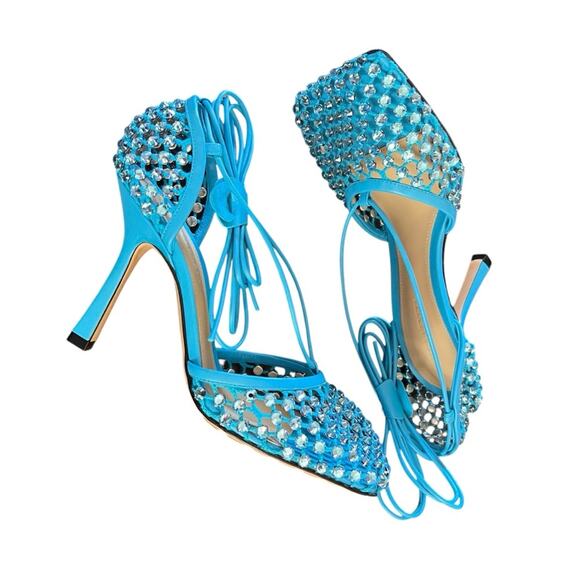 Bottega Veneta Mesh Crystal Embellished Sparkle  Ankle Tie Heels NEW EU 36.5 - Picture 4 of 9